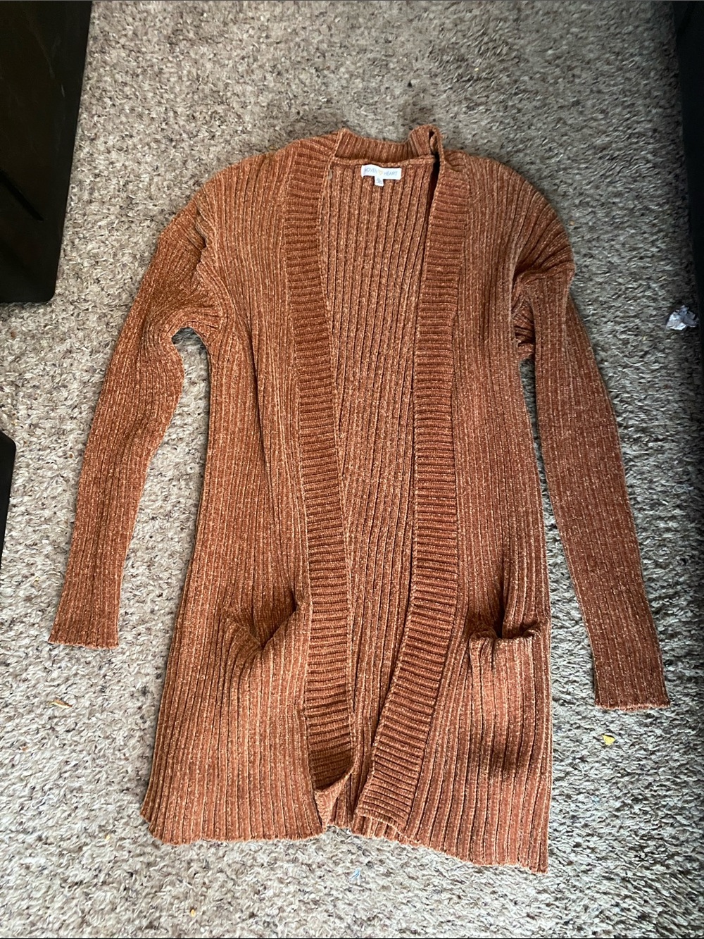 Woven Heart Open-Front Ribbed Cardigan - Rust Brown